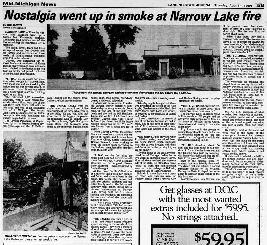 Narrow Lake Ballroom - LANSING STATE JOURNAL AUG 14 1984